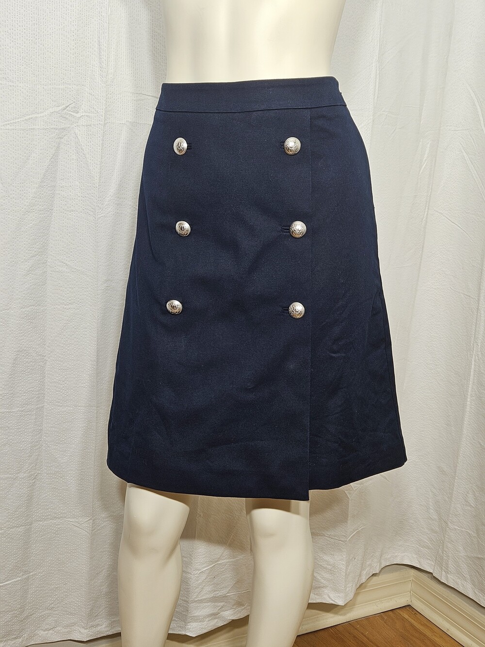 Talbots Navy Blue Gold Crest Button A-Line Skirt Size 2 Preppy Nautical Like New - Picture 2 of 7